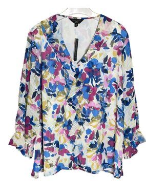 Investments Riley Floral Blouse 2X NWT Ruffle Front V Neck Top